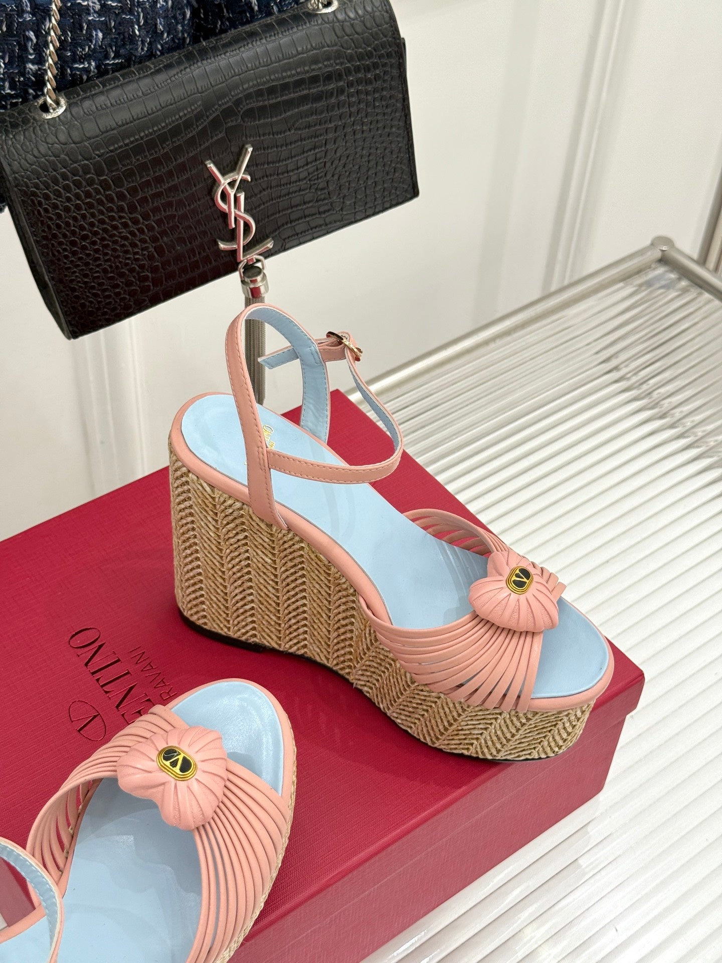 VALENTINO 26S ESPADRILLE WEDGE SANDALS 120 MM IN LIGHT PINK CALFSKIN