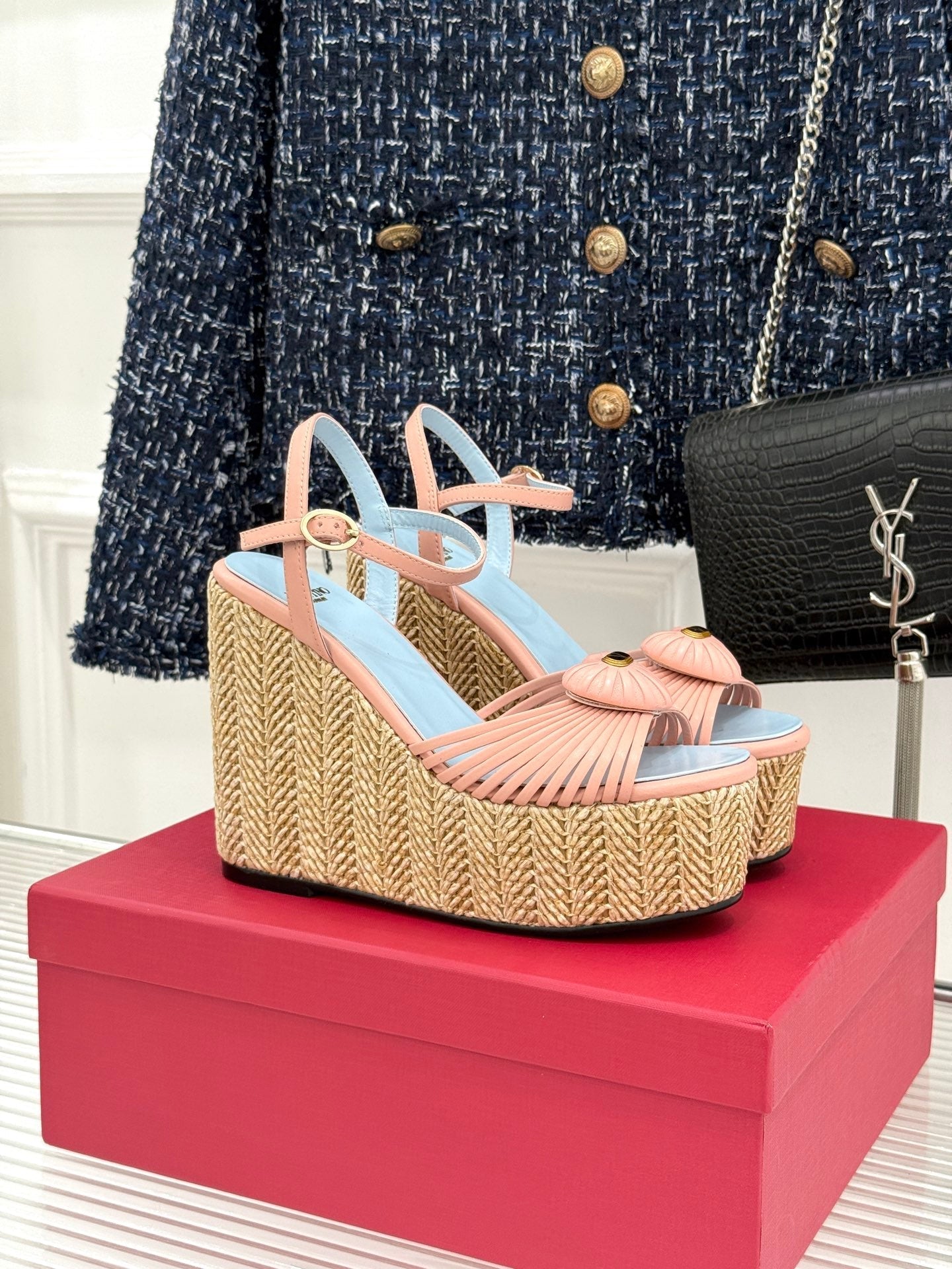 VALENTINO 26S ESPADRILLE WEDGE SANDALS 120 MM IN LIGHT PINK CALFSKIN