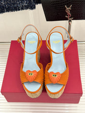 VALENTINO 26S ESPADRILLE WEDGE SANDALS 120 MM IN ORANGE CALFSKIN