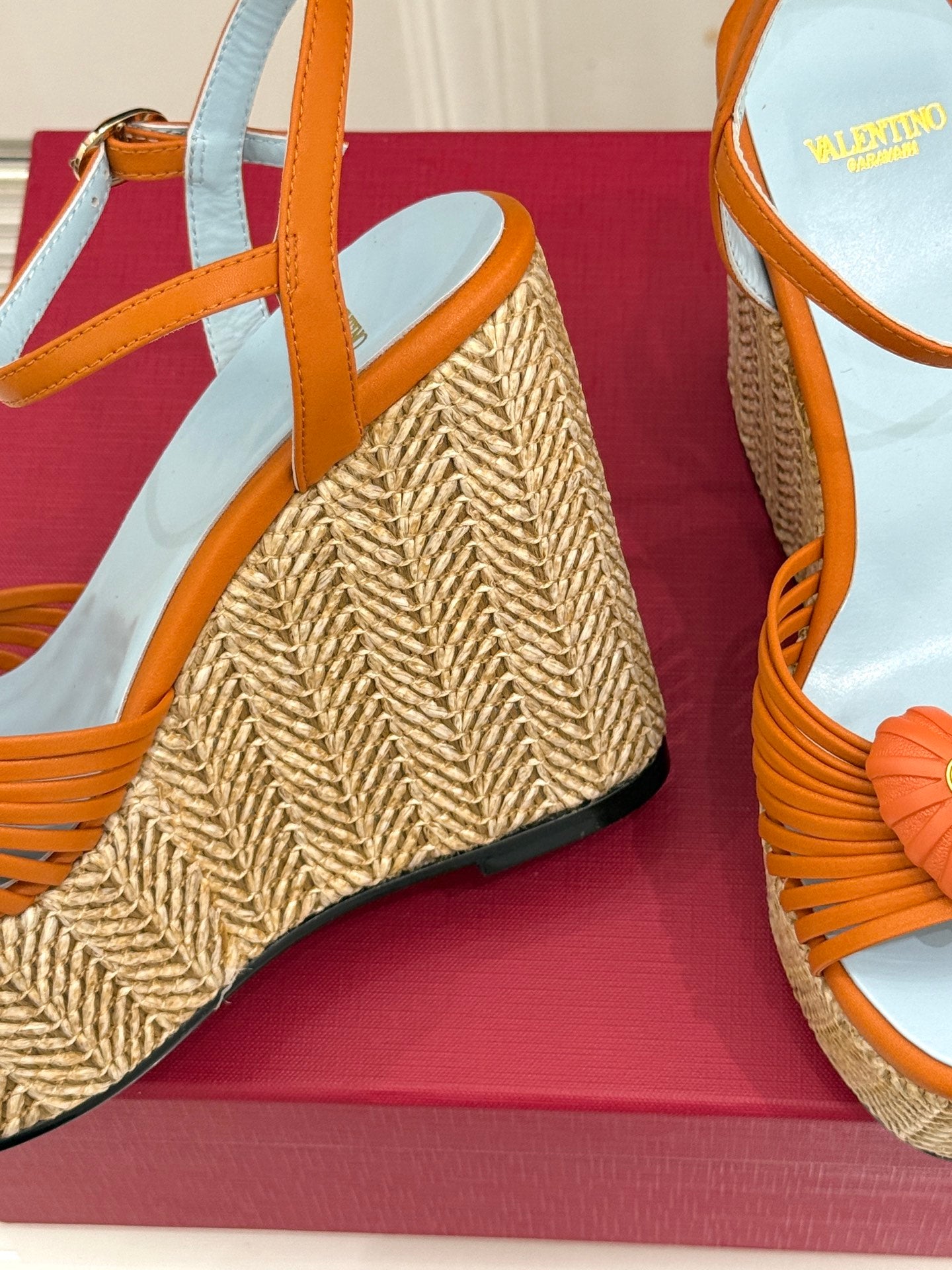 VALENTINO 26S ESPADRILLE WEDGE SANDALS 120 MM IN ORANGE CALFSKIN