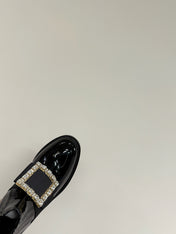 VIV' RANGERS CHELSEA BOOTIES IN GLOSSY BLACK CALFSKIN CRYSTAL BUCKLE