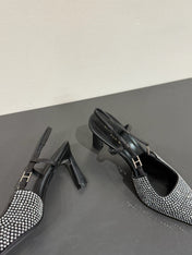 HIGH SLINGBACKS POINTED-TOE IN BLACK LAMBSKIN WITH SILVER CRYSTALS