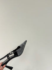 HIGH SLINGBACKS POINTED-TOE IN BLACK LAMBSKIN WITH SILVER CRYSTALS