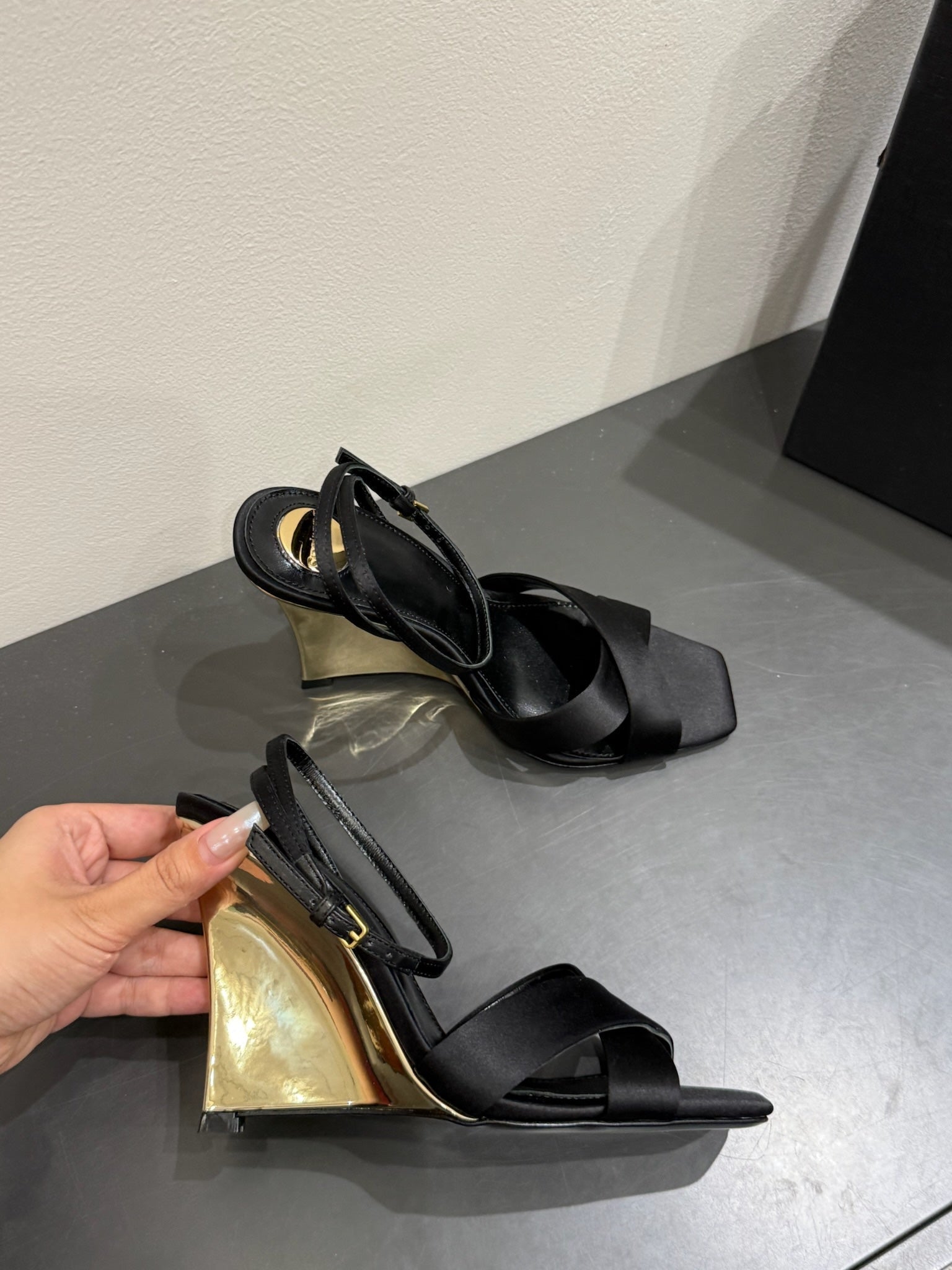 YSL STRAPPY WEDGE SANDALS 25S IN BLACK SATIN