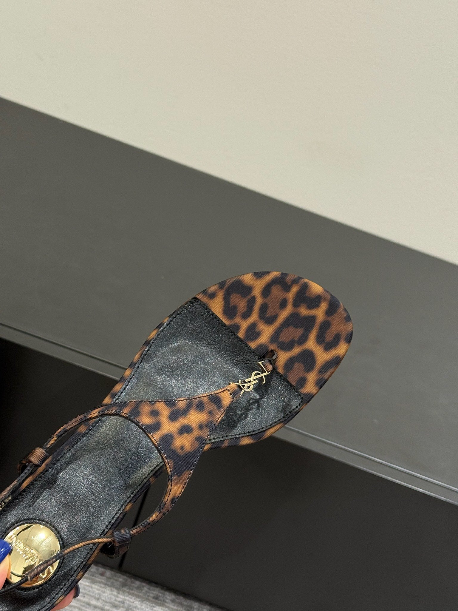 YSL WEDGE THONG SANDALS 25S IN LEOPARD LAMBSKIN WITH GOLD HARDWARE