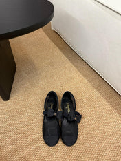 CHANEL 26S MARY JANE FLATS IN BLACK MESH RIBBON STRAP CAP TOE