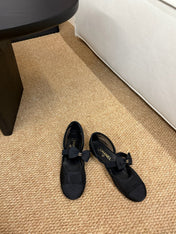 CHANEL 26S MARY JANE FLATS IN BLACK MESH RIBBON STRAP CAP TOE