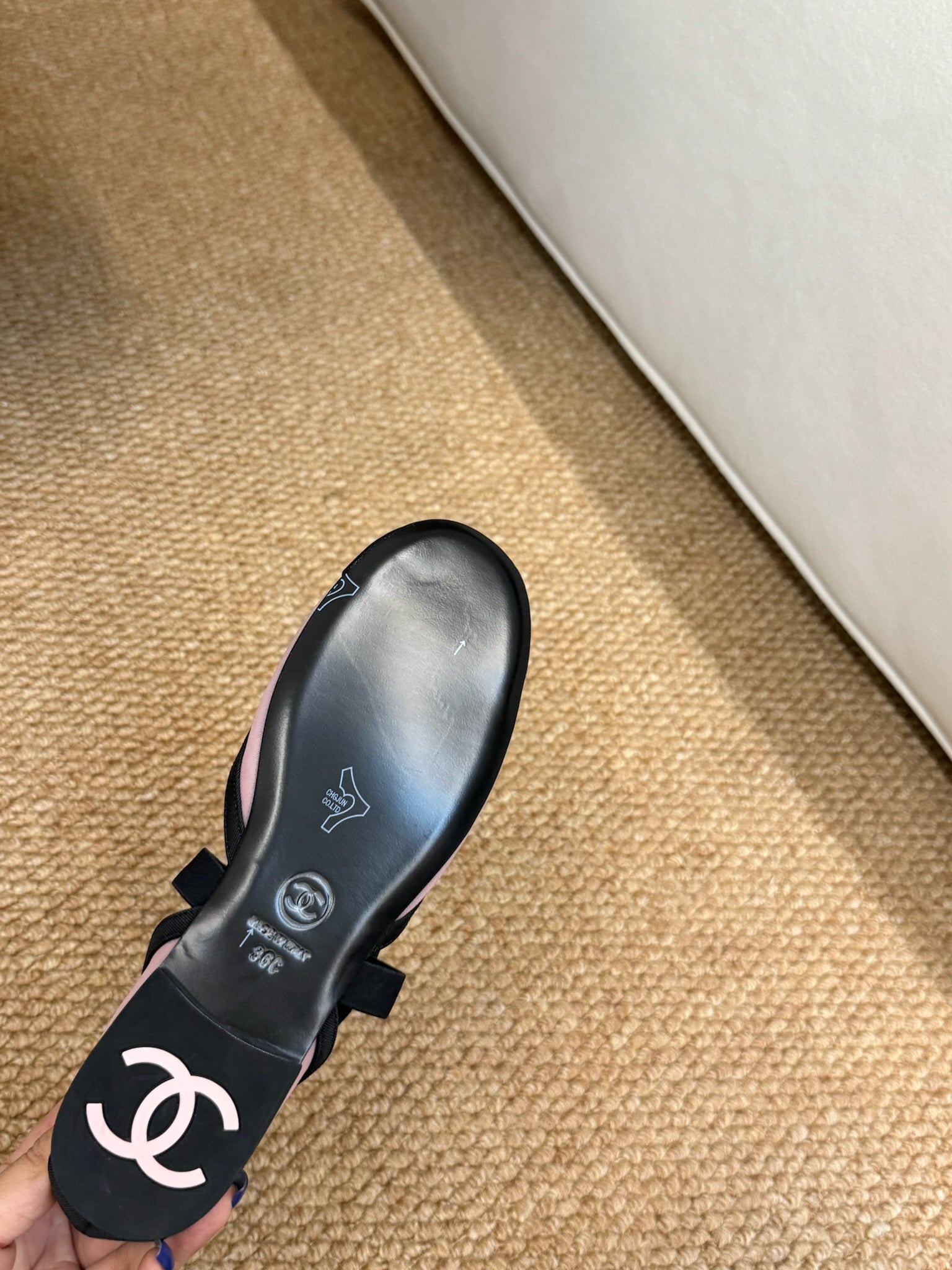 CHANEL 26S MARY JANE FLATS IN PINK AND BLACK MESH RIBBON STRAP CAP TOE