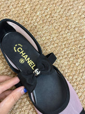 CHANEL 26S MARY JANE FLATS IN PINK AND BLACK MESH RIBBON STRAP CAP TOE