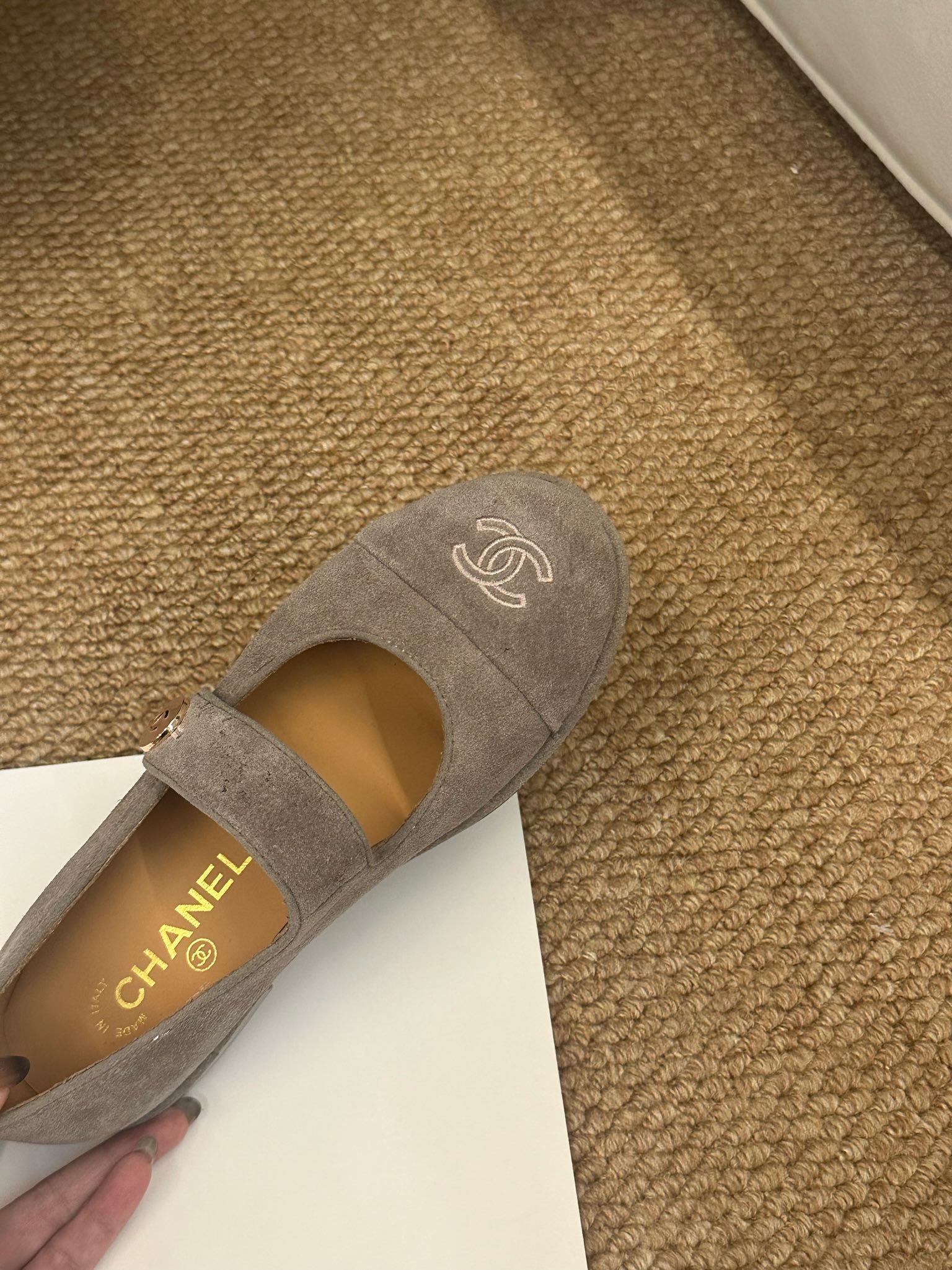 CHANEL 26S MARY JANE FLATS IN TAUPE  BROWN SUEDE CC LOGO