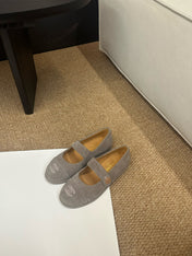 CHANEL 26S MARY JANE FLATS IN TAUPE  BROWN SUEDE CC LOGO