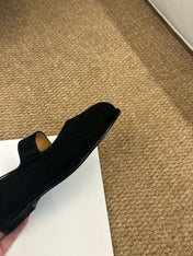 CHANEL 26S MARY JANE FLATS IN BLACK SUEDE CC LOGO