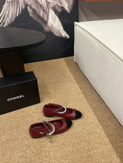CHANEL 26S MARY JANE PEARL STRAP FLATS IN BURGUNDY RED CALFSKIN
