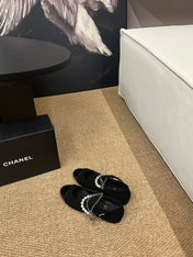 CHANEL 26S MARY JANE PEARL STRAP FLATS IN BLACK CALFSKIN