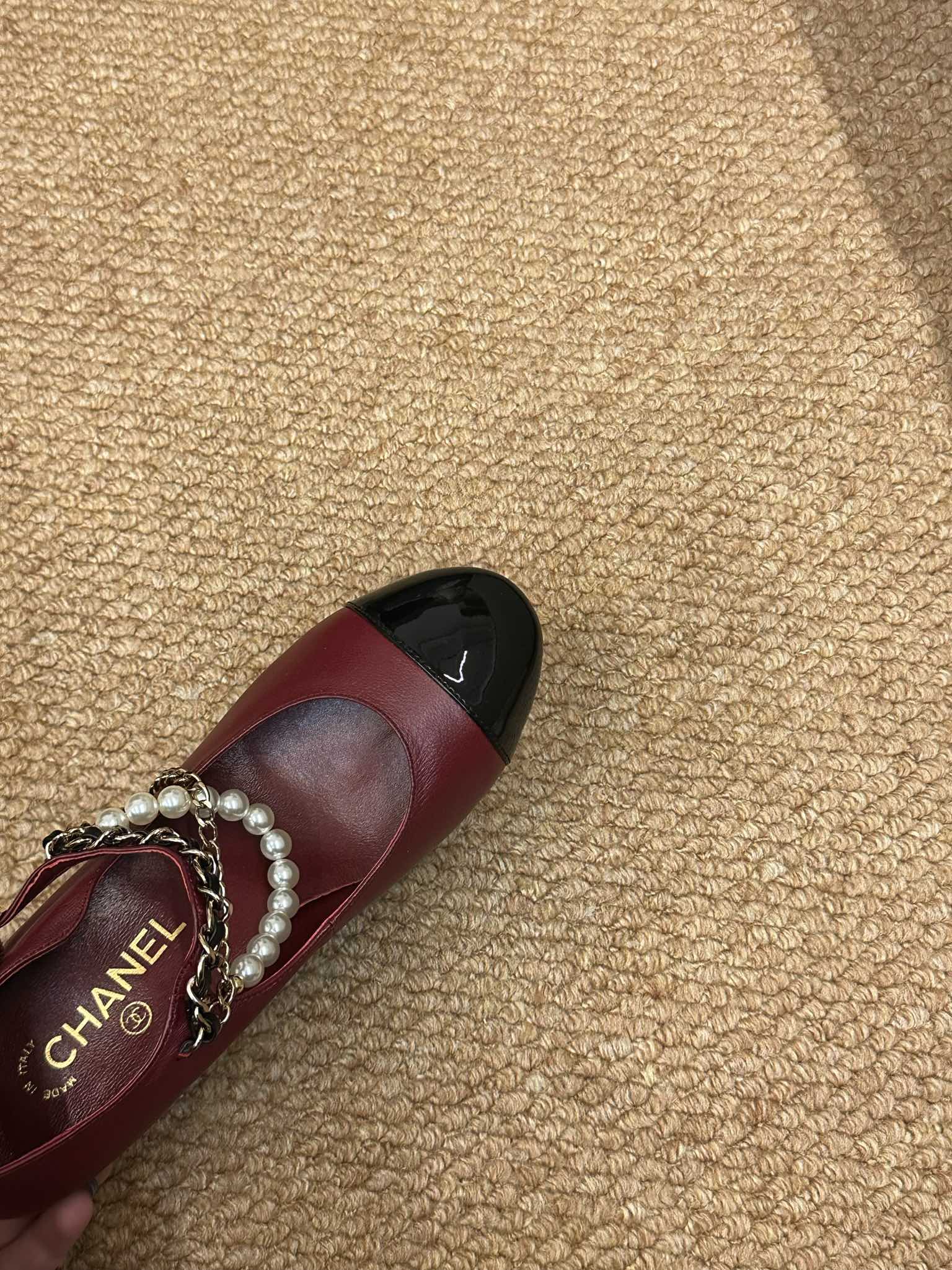 CHANEL 26S MARY JANE PEARL STRAP HIGH HEELS IN BURGUNDY RED CALFSKIN