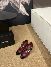 CHANEL 26S MARY JANE PEARL STRAP HIGH HEELS IN BURGUNDY RED CALFSKIN