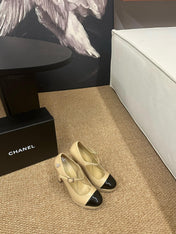 CHANEL 26S MARY JANE HEELS IN BEIGE CALFSKIN WITH BLACK CAP TOE
