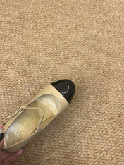 CHANEL 26S MARY JANE HEELS IN BEIGE CALFSKIN WITH BLACK CAP TOE