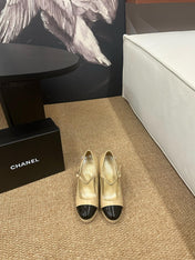 CHANEL 26S MARY JANE HEELS IN BEIGE CALFSKIN WITH BLACK CAP TOE