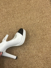 CHANEL 26S MARY JANE HEELS IN WHITE CALFSKIN WITH BLACK CAP TOE