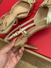 VALENTINO 26S HIGH HEEL SLINGBACKS IN METALLIC GOLD CALFSKIN WITH CRYSTAL