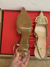 VALENTINO 26S HIGH HEEL SLINGBACKS IN METALLIC GOLD CALFSKIN WITH CRYSTAL