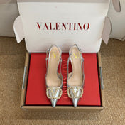 VALENTINO 26S HIGH HEEL SLINGBACKS IN METALLIC SILVER CALFSKIN WITH CRYSTAL
