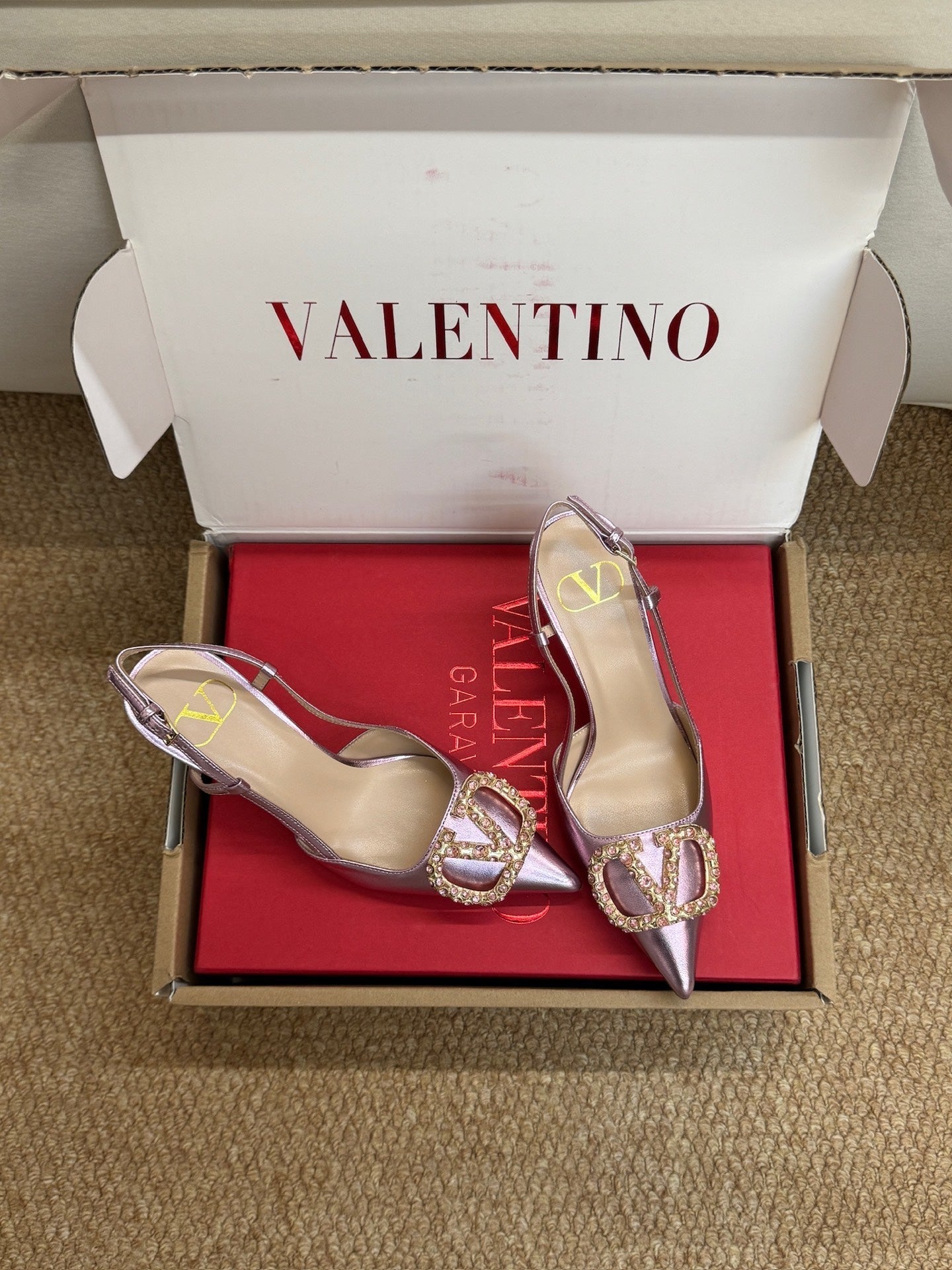 VALENTINO 26S HIGH HEEL SLINGBACKS IN METALLIC PINK CALFSKIN WITH CRYSTAL