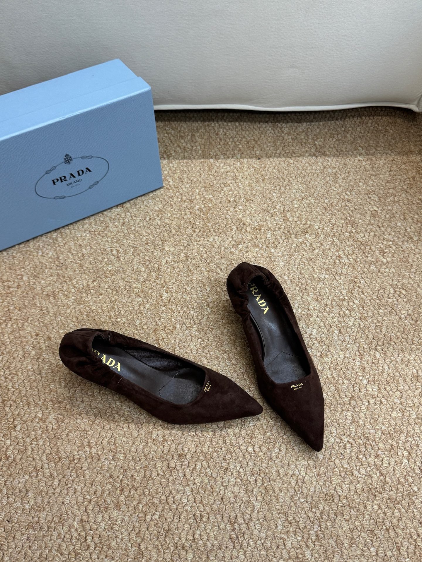 PRADA 26S POINTED TOE PUMPS 50MM IN DARK BROWN SUEDE