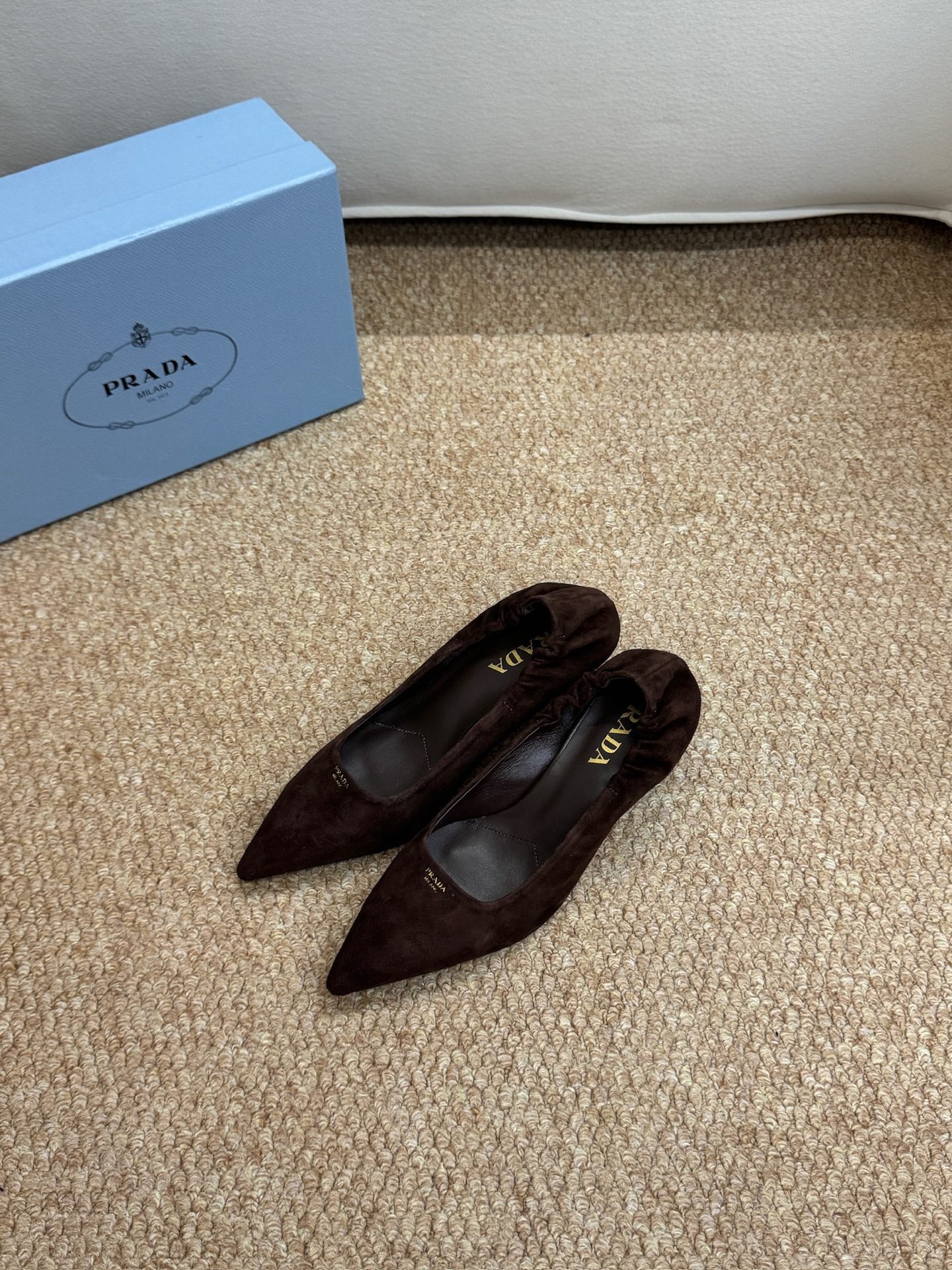 PRADA 26S POINTED TOE PUMPS 50MM IN DARK BROWN SUEDE