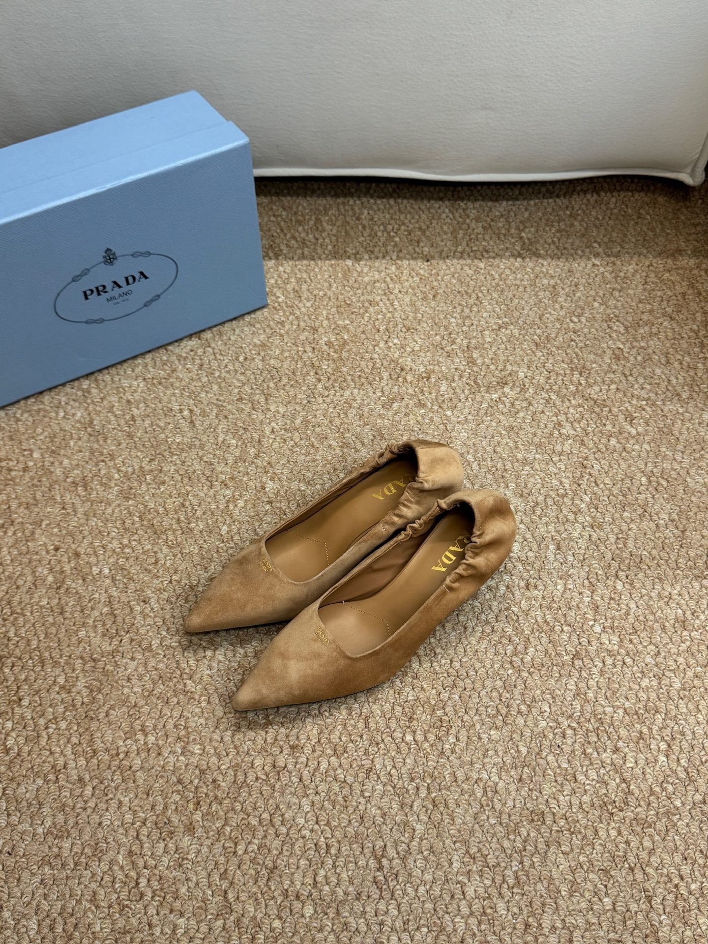 PRADA 26S POINTED TOE PUMPS 50MM IN BROWN SUEDE