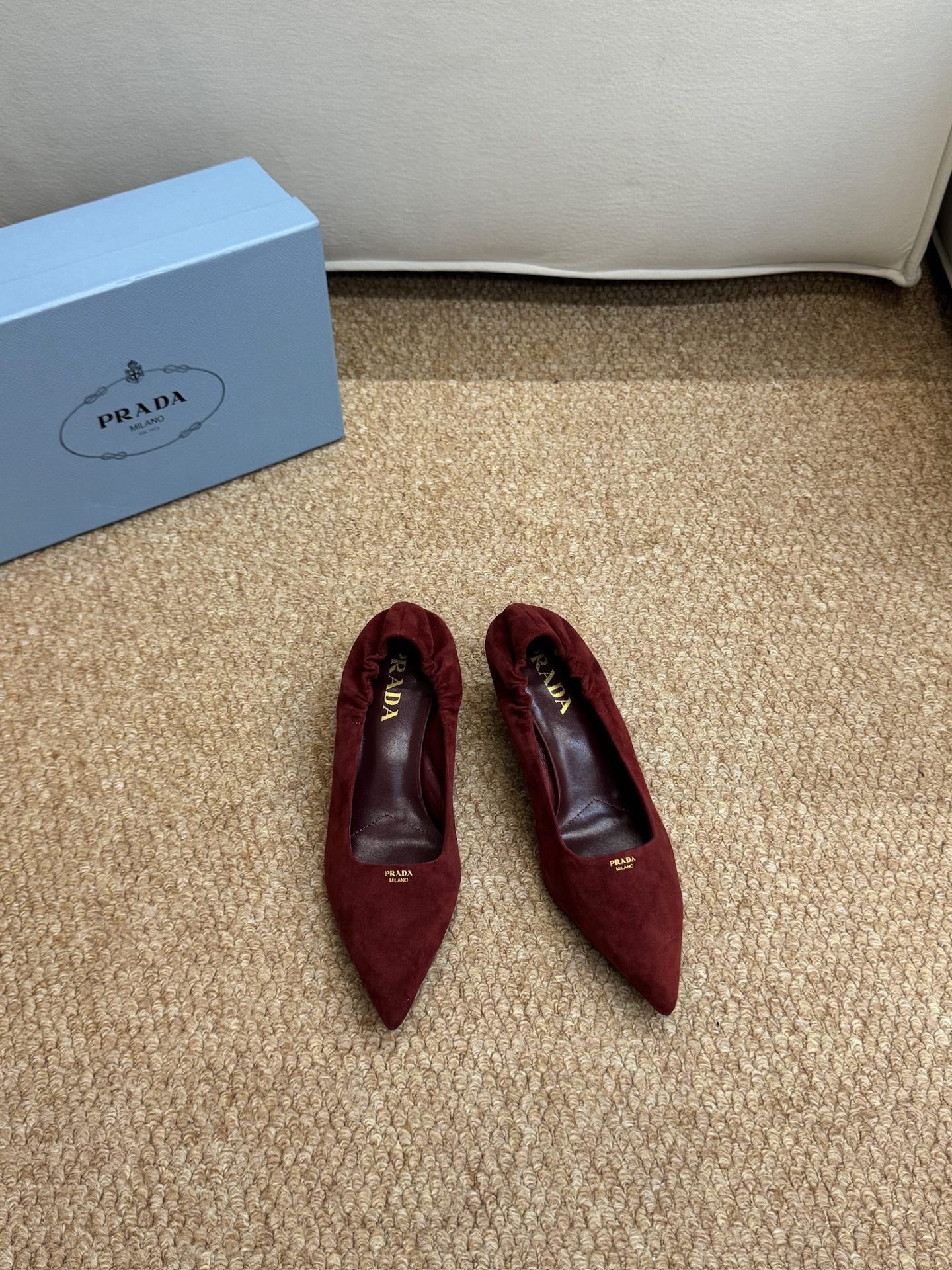 PRADA 26S POINTED TOE PUMPS 50MM IN DARK RED SUEDE