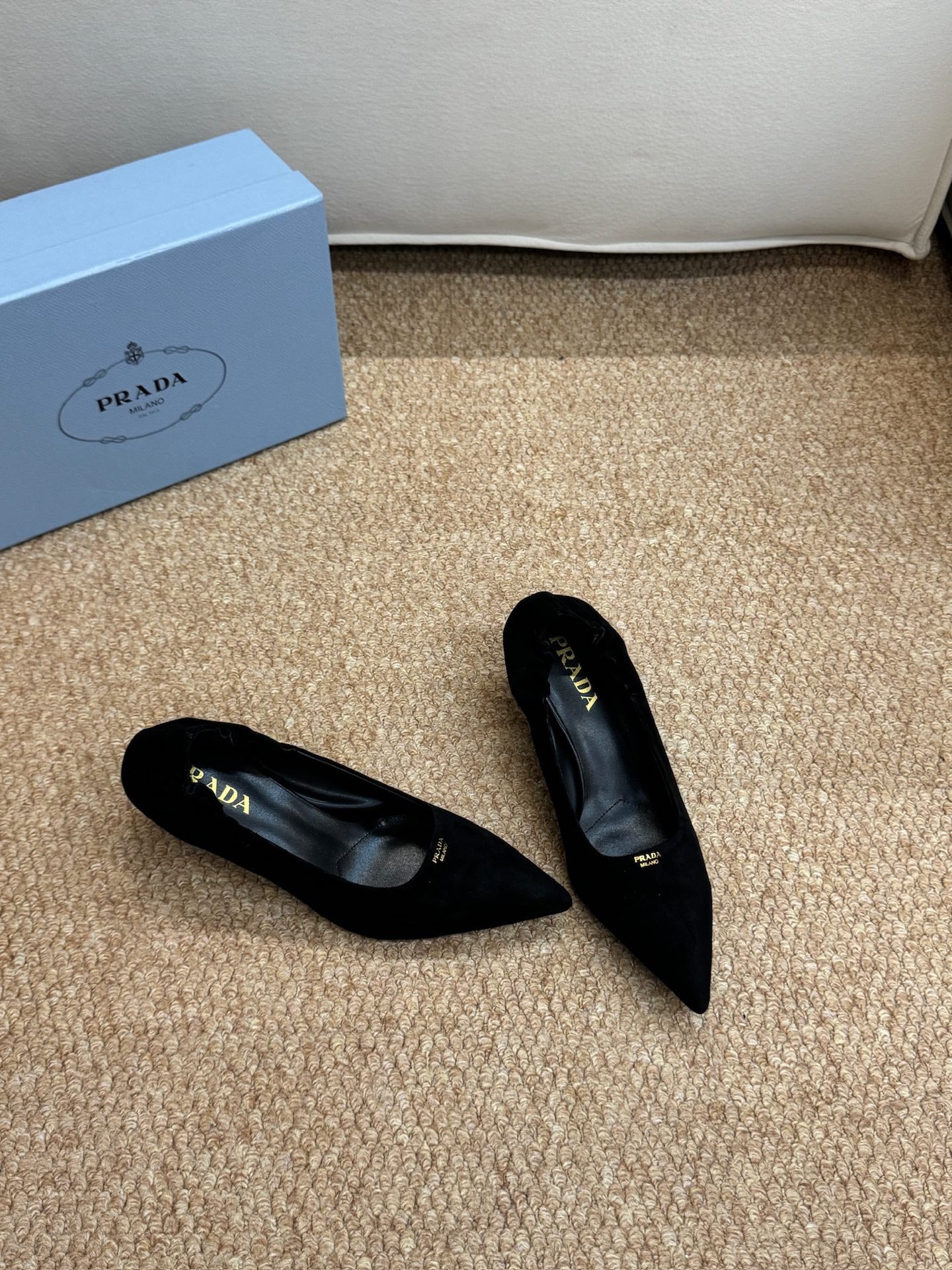 PRADA 26S POINTED TOE PUMPS 50MM IN BLACK SUEDE