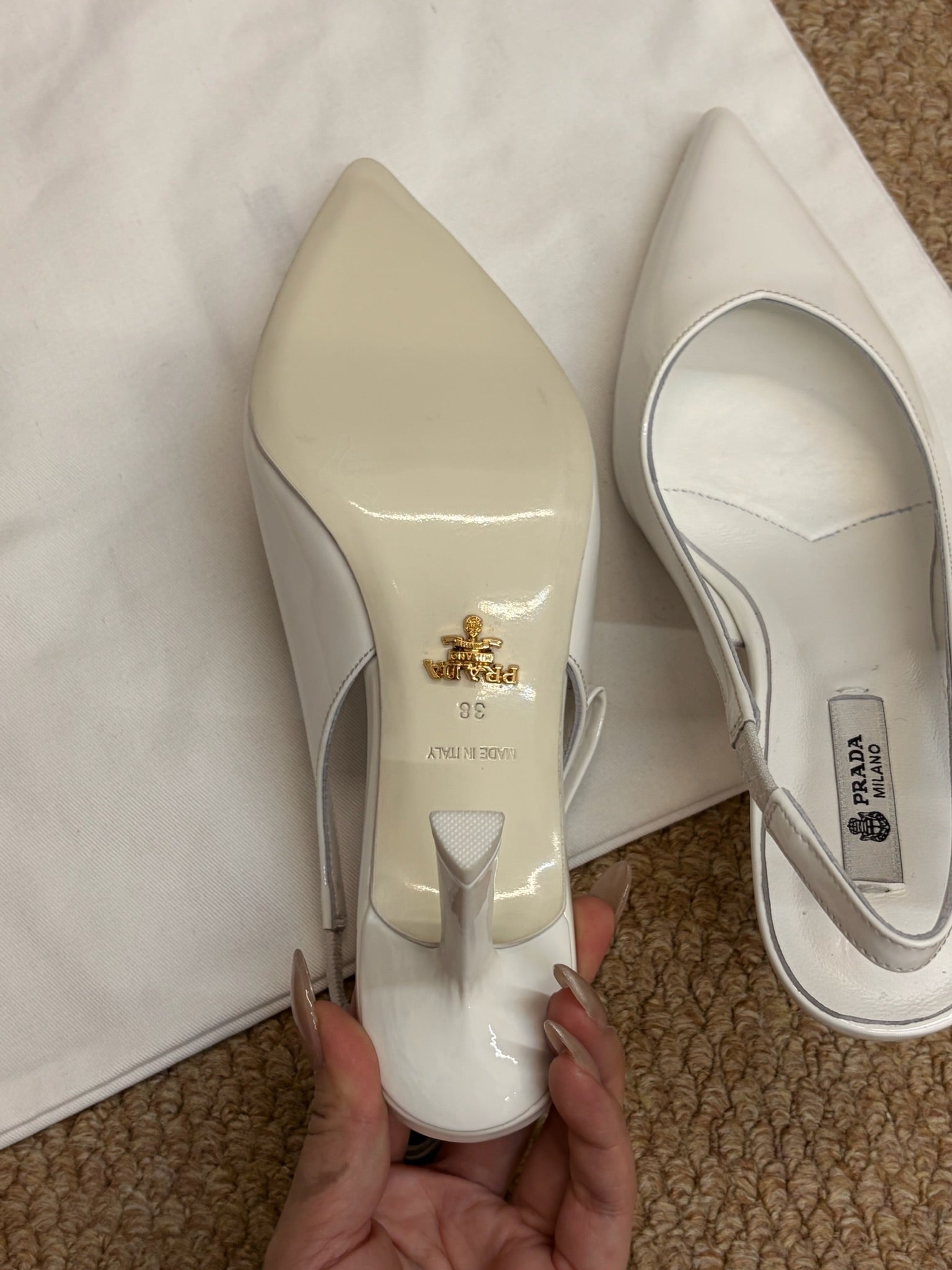 PRADA 26S SLINGBACK PUMPS IN WHITE PATENT CALFSKIN