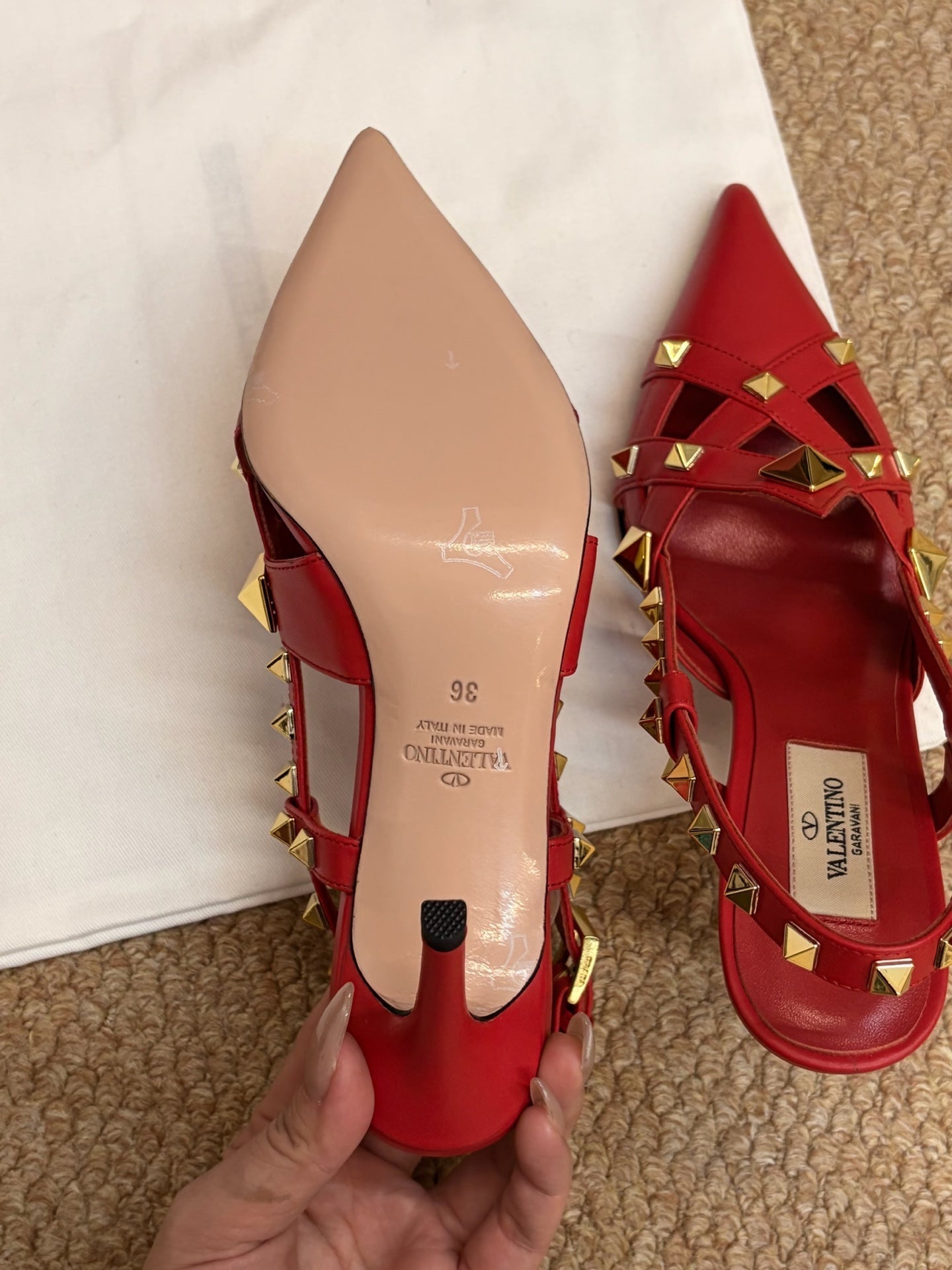VALENTINO 26S ROCKSTUD SLINGBACK HEELS IN RED CALFSKIN