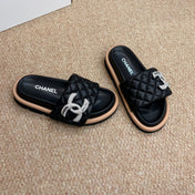CHANEL 26S SLIDE SANDALS IN BLACK QUILTED CALFSKIN SILVER HARDWARE