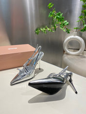 CROSS STRAP HIGH HEELED SLINGBACK IN SILVER METALLIC GLOSSY SHEEPSKIN