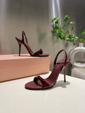 TWO STRAP HIGH HEELED SANDALS IN WINE RED GLOSSY SHEEPSKIN
