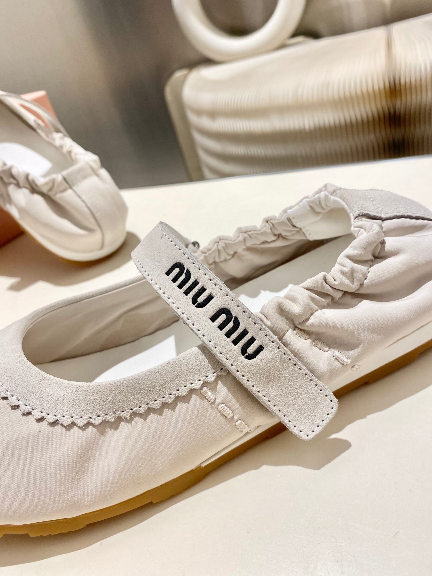 MIUMIU 26S RUCHES NAPPA BALLERINAS IN CREAM WHITE SUEDE AND FABRIC
