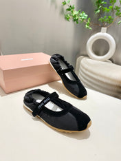 MIUMIU 26S RUCHES NAPPA BALLERINAS IN BLACK SUEDE AND FABRIC