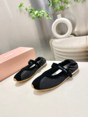MIUMIU 26S RUCHES NAPPA BALLERINAS IN BLACK SUEDE AND FABRIC