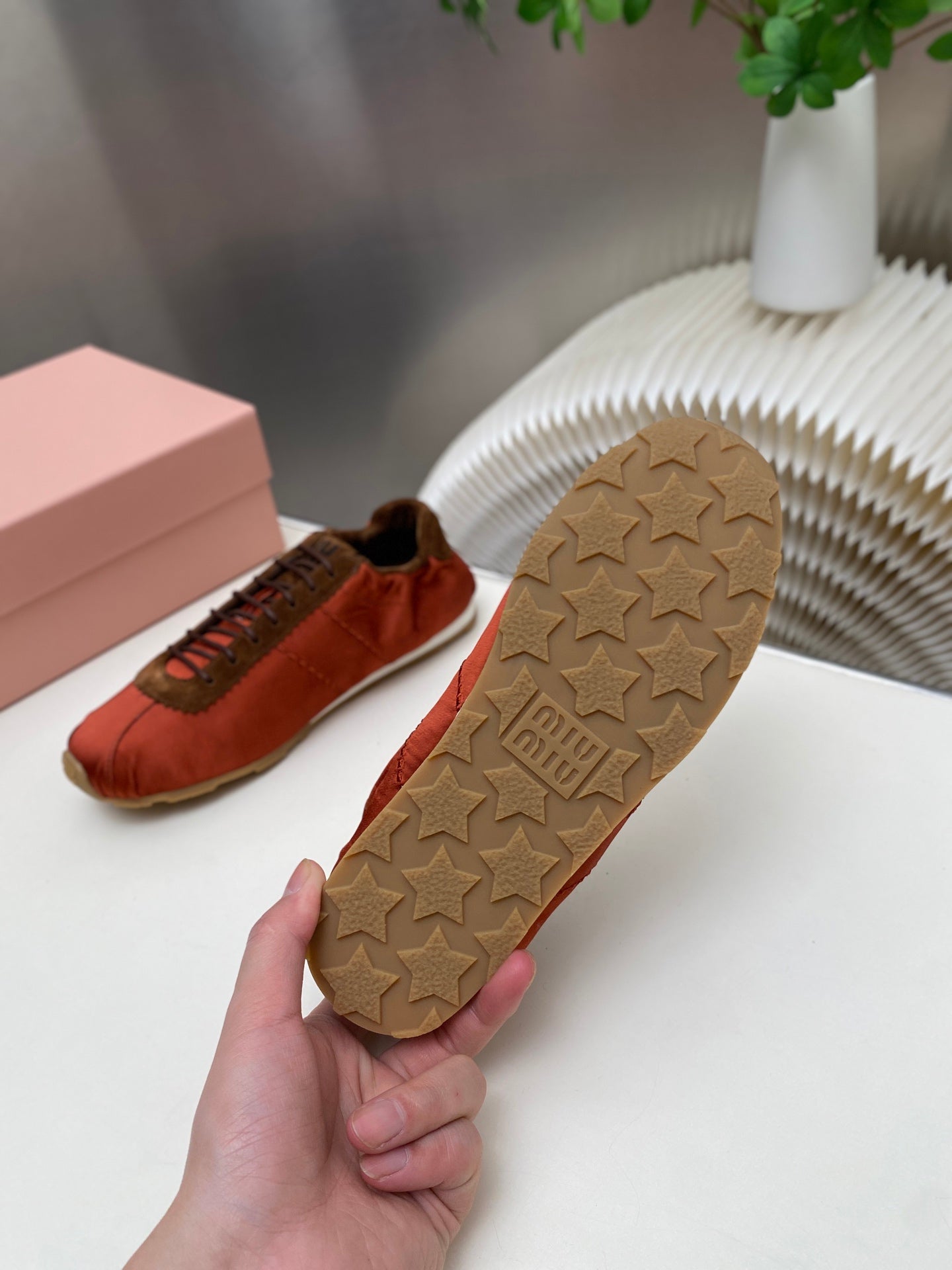 MIUMIU 26S SNEAKERS IN RUST RED PLUME SATIN