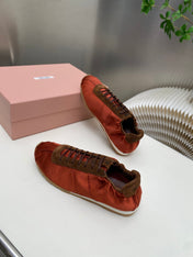 MIUMIU 26S SNEAKERS IN RUST RED PLUME SATIN