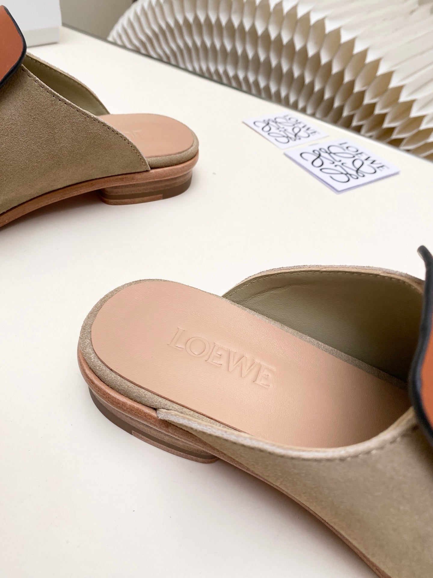 LOEWE 26S FLAT MULES IN BROWN CALFSKIN AND SUEDE