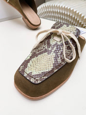 LOEWE 26S FLAT MULES IN SNAKESKIN-EMBOSSED CALFSKIN AND BROWN SUEDE