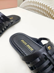 MIUMIU 26S SLIDES SANDAL IN BLACK CALFSKIN