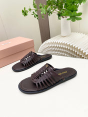 MIUMIU 26S SLIDES SANDAL IN DARK BROWN CALFSKIN