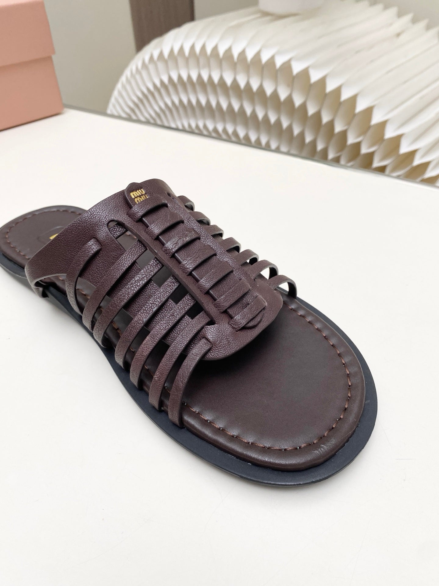 MIUMIU 26S SLIDES SANDAL IN DARK BROWN CALFSKIN