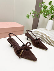 MIUMIU 26S SLINGBACK PUMPS 55MM IN DARK BROWN SUEDE WITH BOW