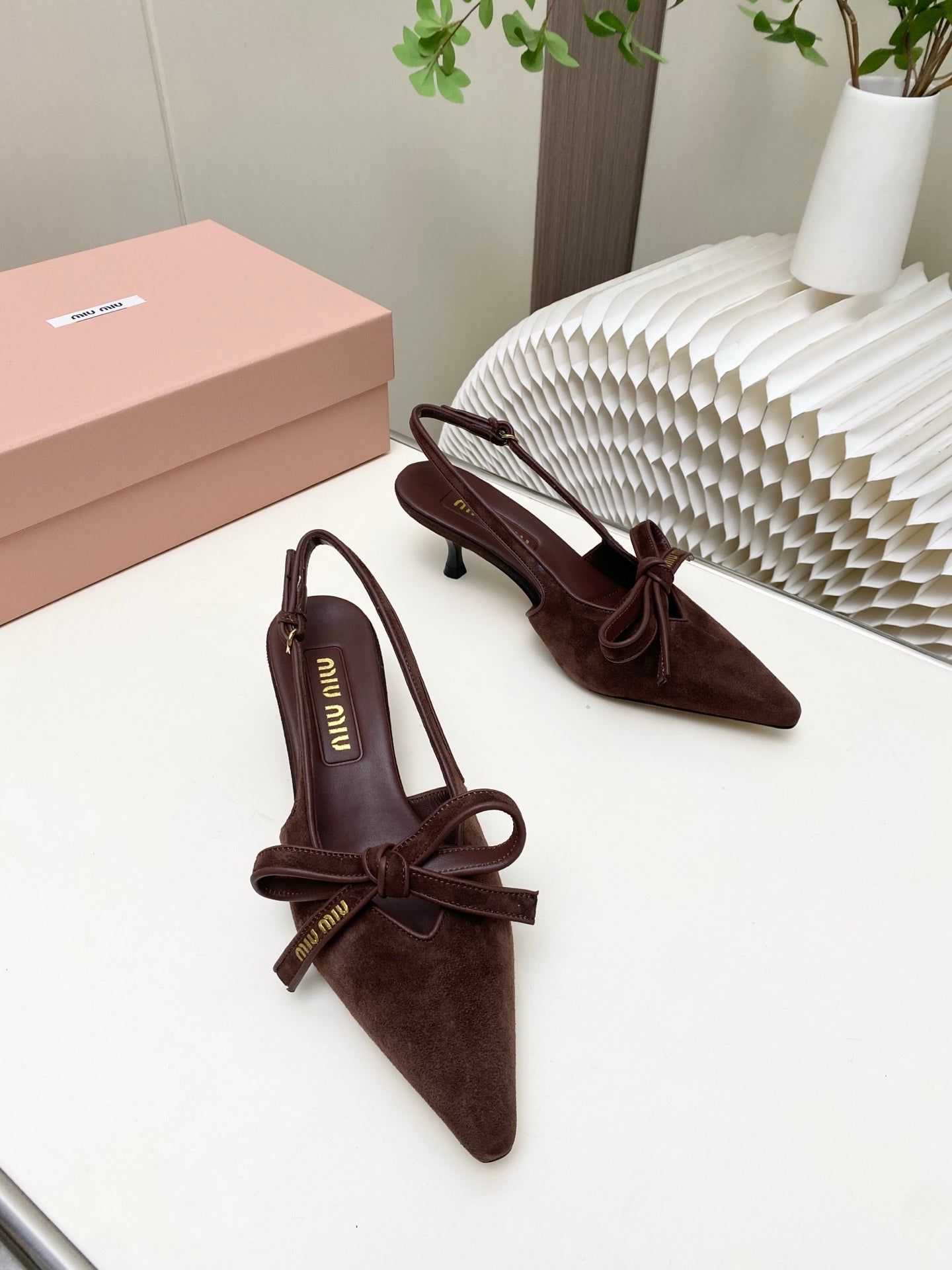 MIUMIU 26S SLINGBACK PUMPS 55MM IN DARK BROWN SUEDE WITH BOW
